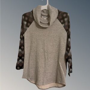 Cozy Cowl Neck Sweater with Plaid Sleeves